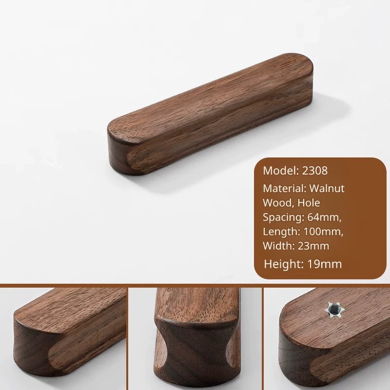 Close-up of Model 2308 walnut wood drawer pull, 100mm length, 64mm hole distance.