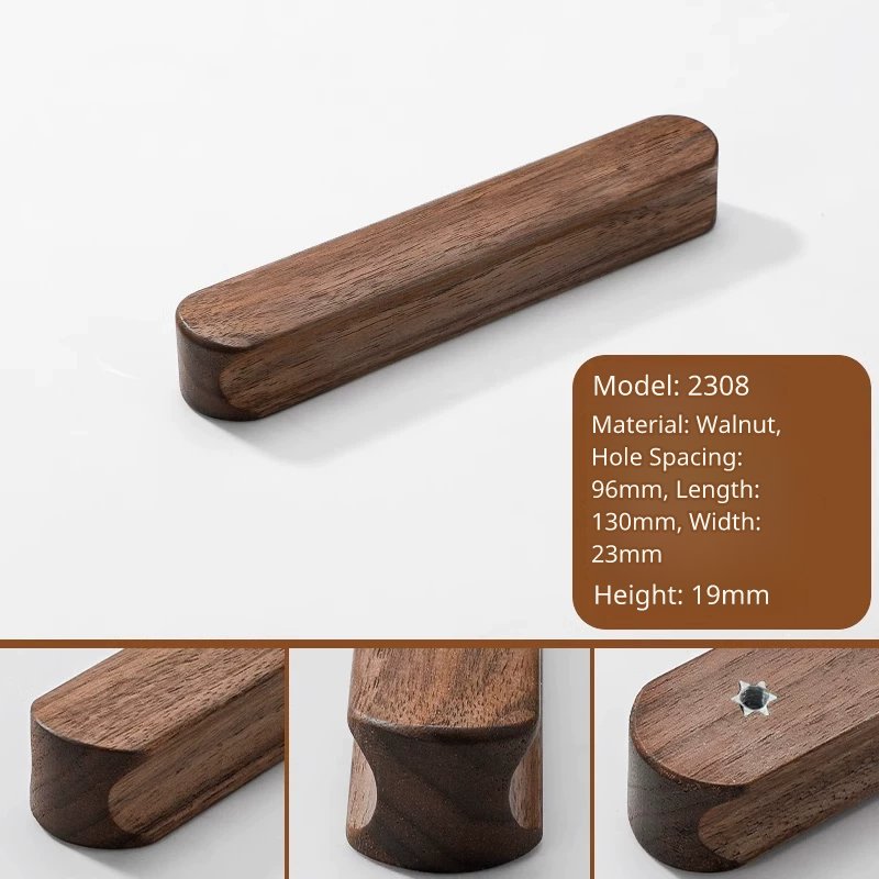 Model 2308 walnut wood handle, 130mm length, 96mm hole distance, 23mm width.
