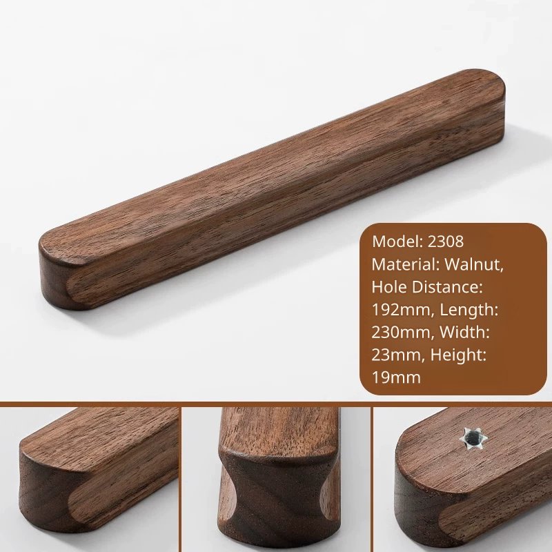 Extra-long walnut wood drawer pull, Model 2308, 230mm length, 192mm hole distance.
