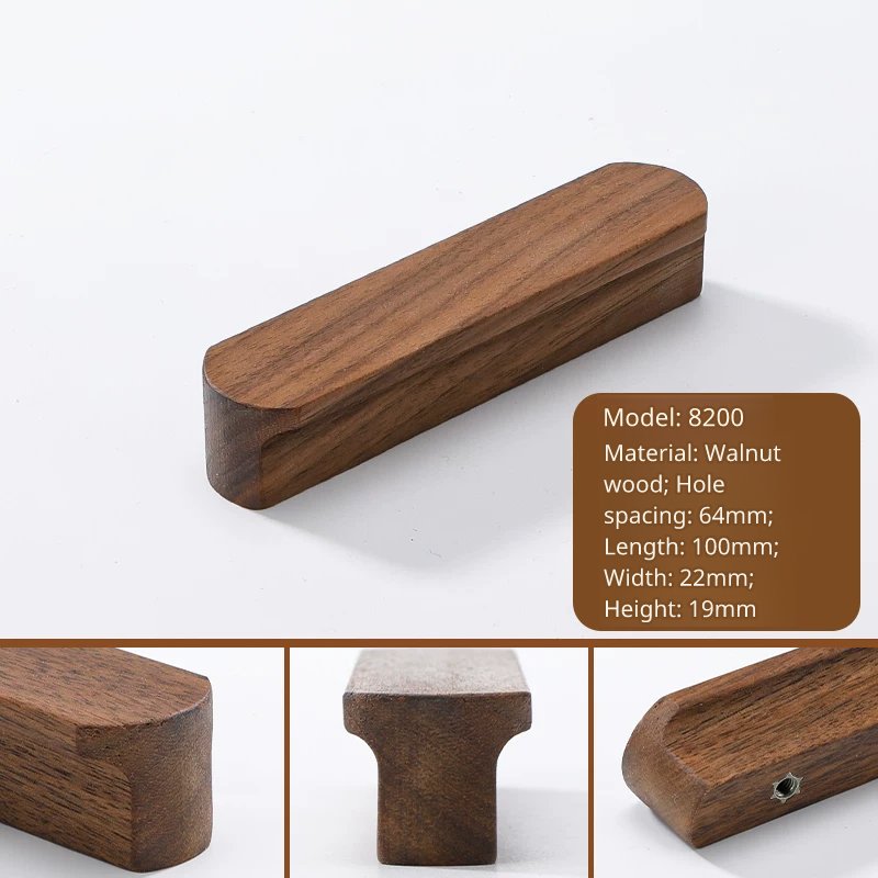 Walnut cabinet pull handle, model 8200, 100mm total length, 64mm center-to-center.