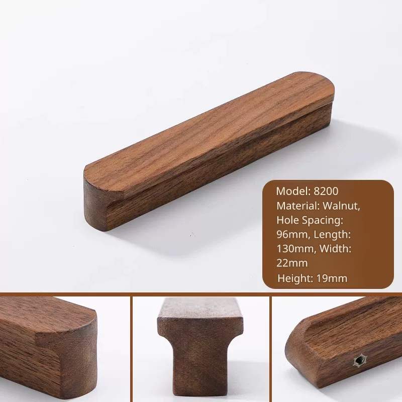 Long, slender walnut cabinet handle, model 8200, 130mm total length, 96mm center-to-center.