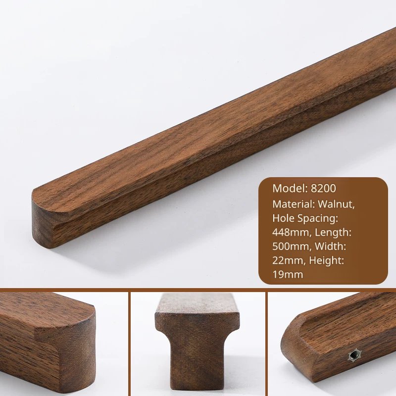Largest walnut cabinet handle, model 8200, 500mm total length, 448mm hole distance.