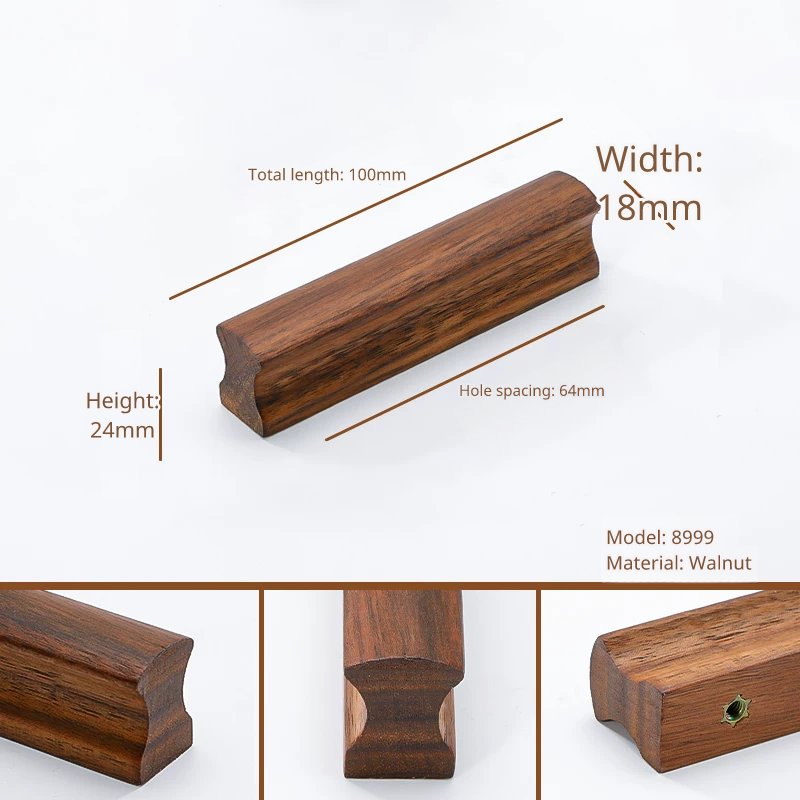Walnut cabinet pull, model 8999, 100mm long, 64mm hole spacing, 18mm wide, 24mm high.