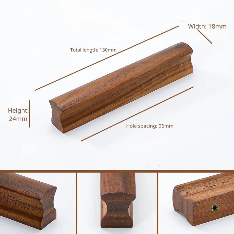 Walnut drawer pull, model 8999, 130mm long, 96mm hole spacing, 18mm wide.