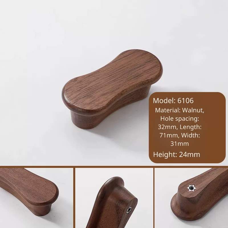 Walnut wood cabinet pull, model 6106, 71mm length, 32mm hole distance, minimalist design.