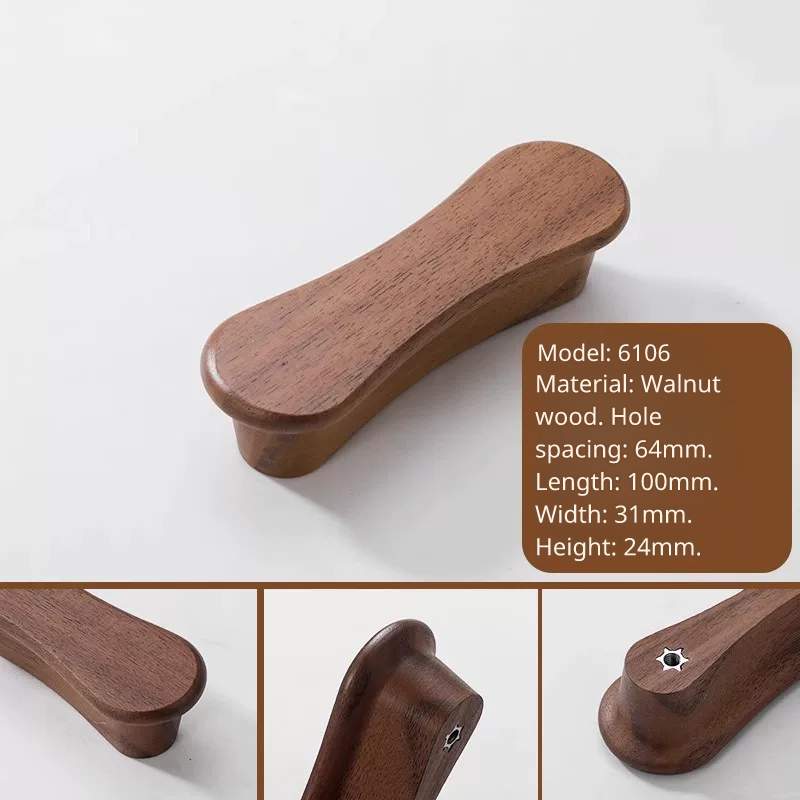 Walnut wood drawer handle, model 6106, 100mm length, 64mm hole distance, showing end profile.