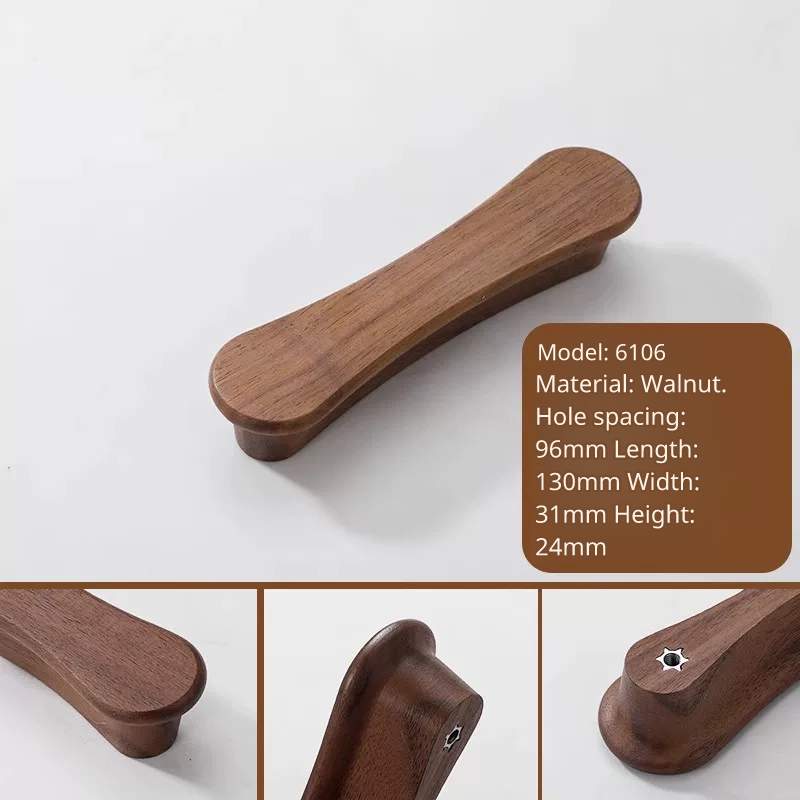 Long walnut wood cabinet handle, model 6106, 130mm length, 96mm hole distance, clean profile view.