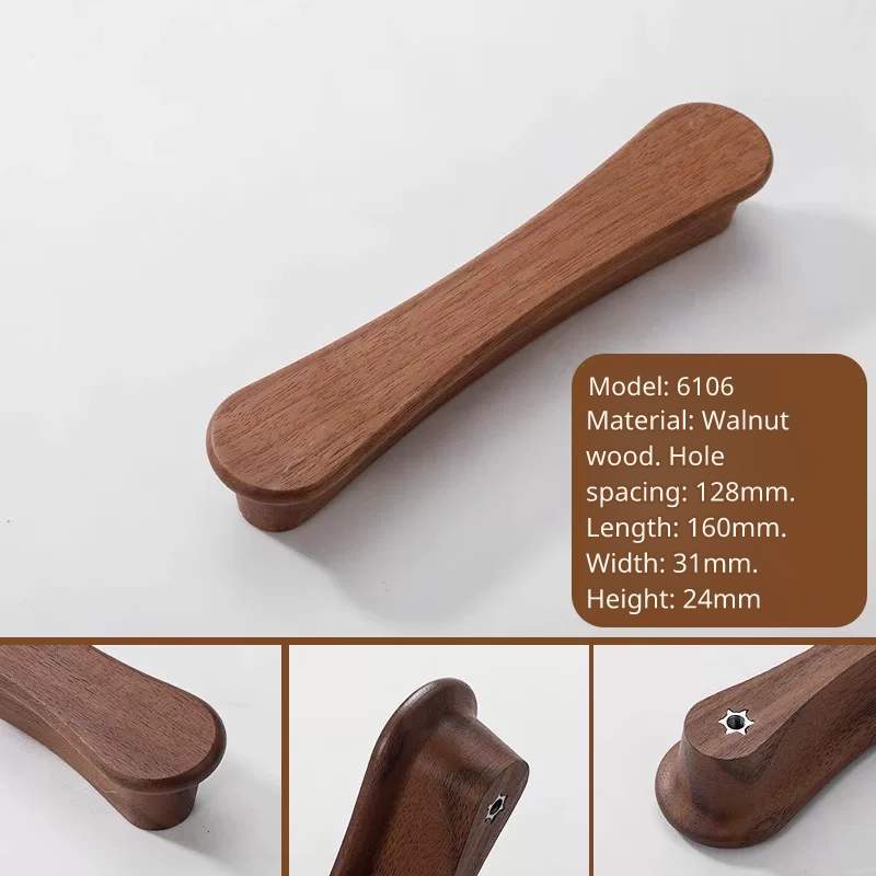 Extra-long walnut wood furniture handle, model 6106, 160mm length, 128mm hole distance.
