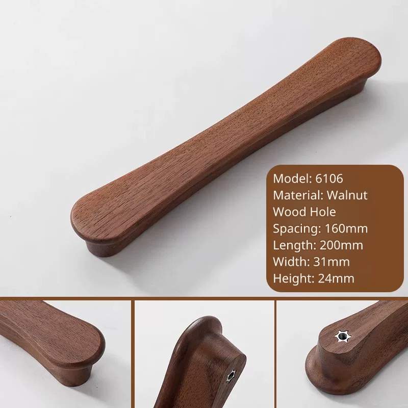 Longest walnut wood pull, model 6106, 200mm length, 31mm width, showing attachment end view.