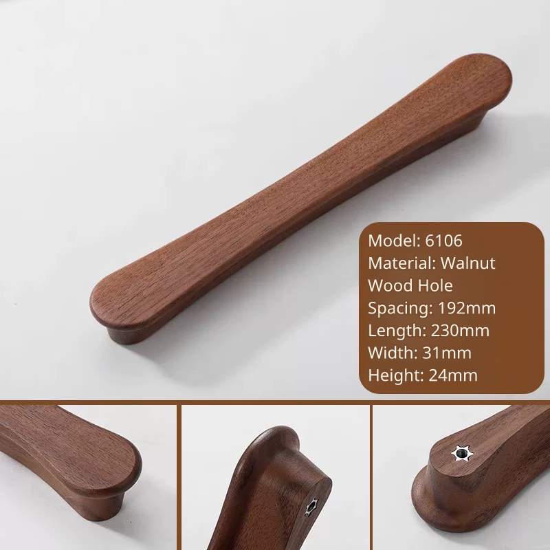 Walnut wood furniture handle, model 6106, 230mm length, showcasing the smooth, thick profile.