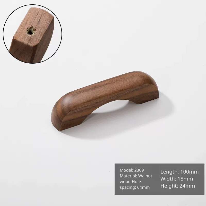 Arched walnut wood drawer handle, model 2309, 100mm length, 64mm hole distance, ergonomic grip.