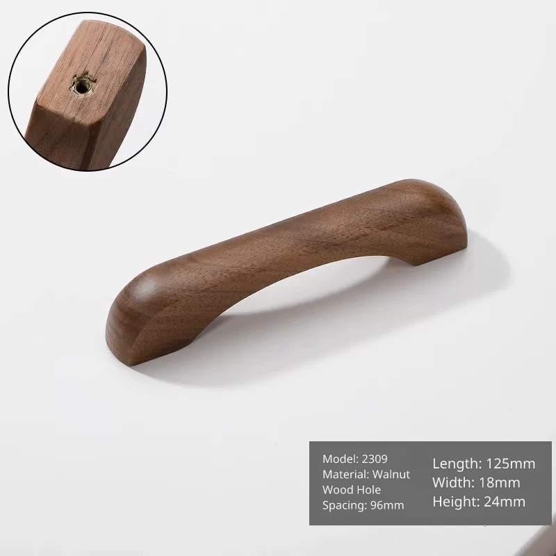 Medium arched walnut cabinet pull, model 2309, 125mm length, 96mm hole distance, elegant shape.
