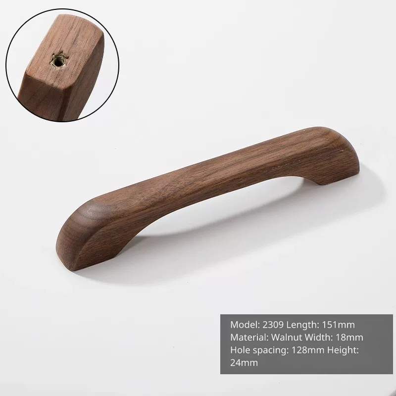 Long curved walnut wood drawer pull, model 2309, 151mm length, 128mm hole distance, side view.