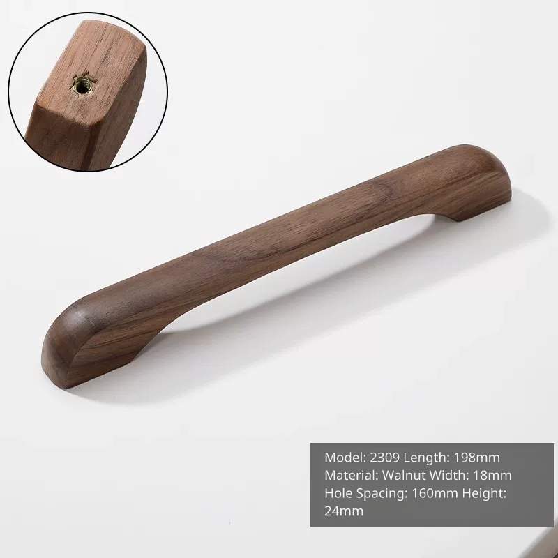 Extra-long arched walnut handle, model 2309, 198mm length, 160mm hole distance, suitable for large drawers.