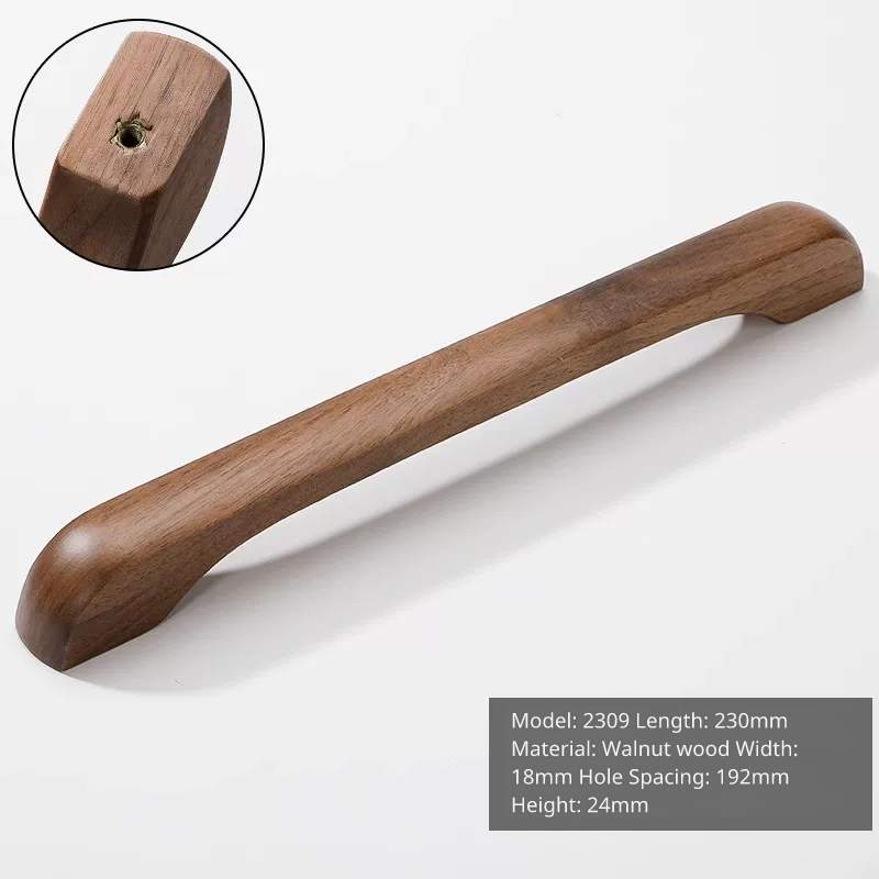 Walnut wood and brass drawer pull handle, model 2309, 230mm total length, 24mm height.