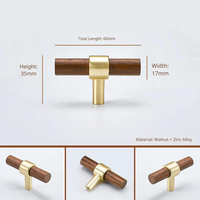 T-shaped walnut wood knob with brass fitting, 60mm total length, 35mm height.