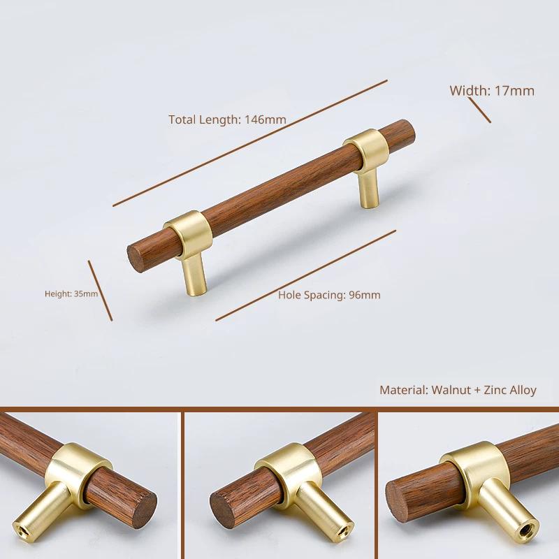 Long drawer pull handle, walnut wood and brass, 146mm total length, 96mm hole spacing.
