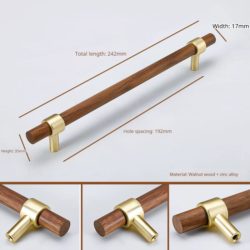 Extra-long cabinet handle, walnut wood and zinc alloy, 242mm total length, 192mm hole spacing.