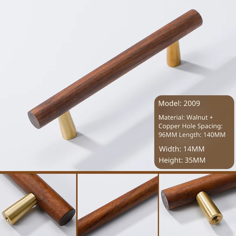 Model 2009 drawer pull, walnut wood and copper, 140mm total length, 96mm hole spacing.
