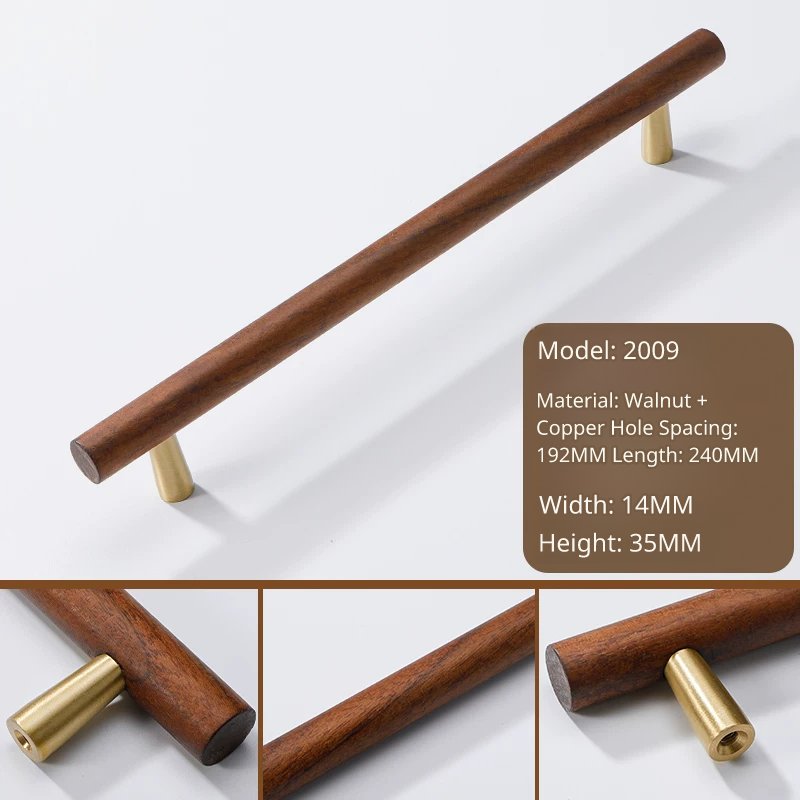 Long cabinet handle, model 2009, walnut wood and copper, 240mm total length, 192mm hole spacing.