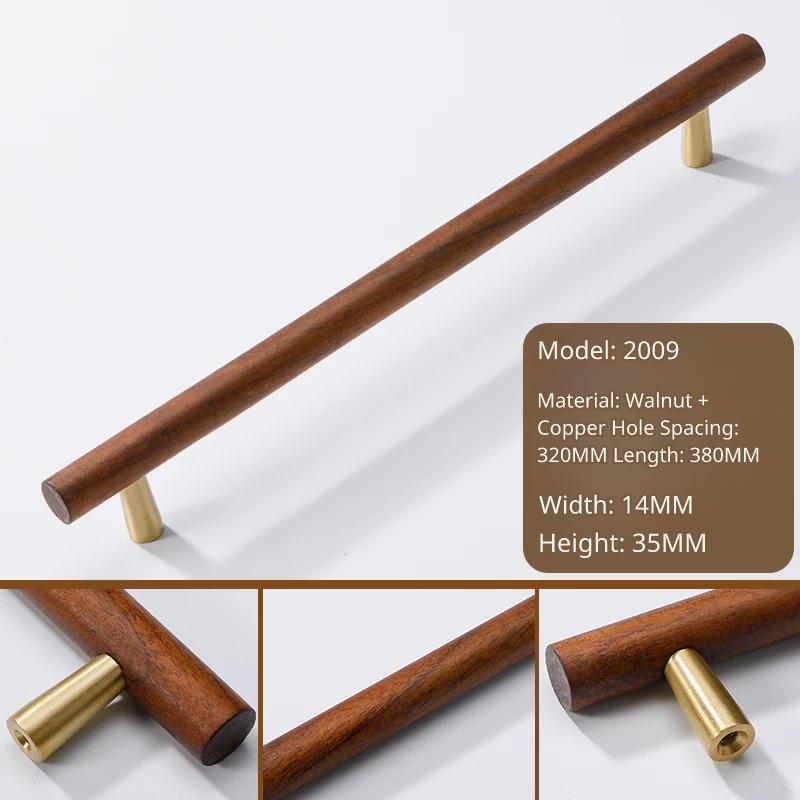 Extra-long drawer pull, walnut wood and copper, 380mm total length, 320mm hole spacing.