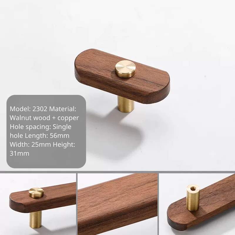 Walnut wood and brass knob handle, model 2302, single hole, 56mm length.