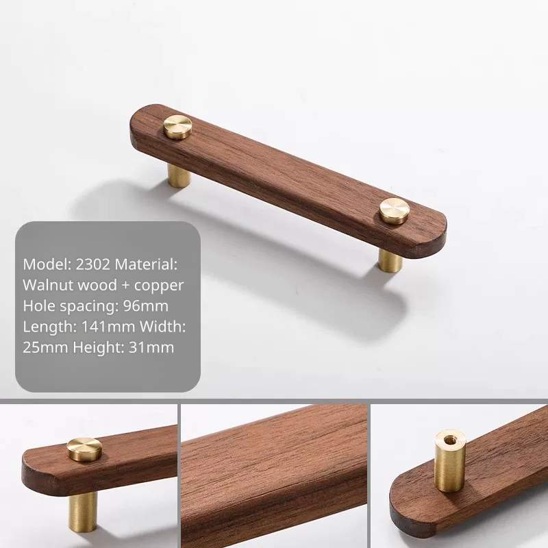 Walnut wood and brass drawer pull, model 2302, 96mm center-to-center, 141mm long.