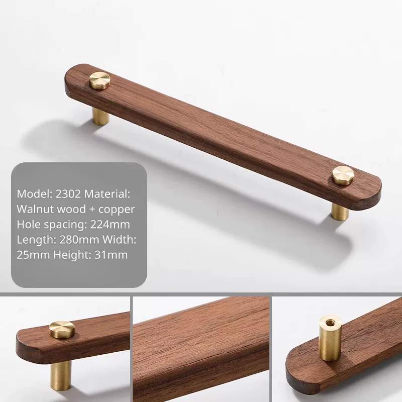 Large walnut wood and brass drawer pull, model 2302, 224mm center-to-center, 280mm long.