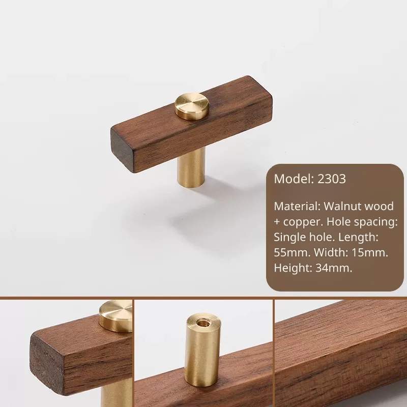 Short walnut wood and brass knob handle, model 2303, single hole, 55mm long.