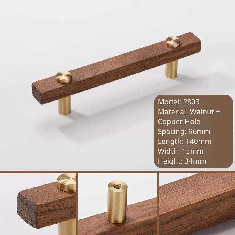 Walnut wood and brass pull, model 2303, 96mm center-to-center, 140mm long, 15mm wide.