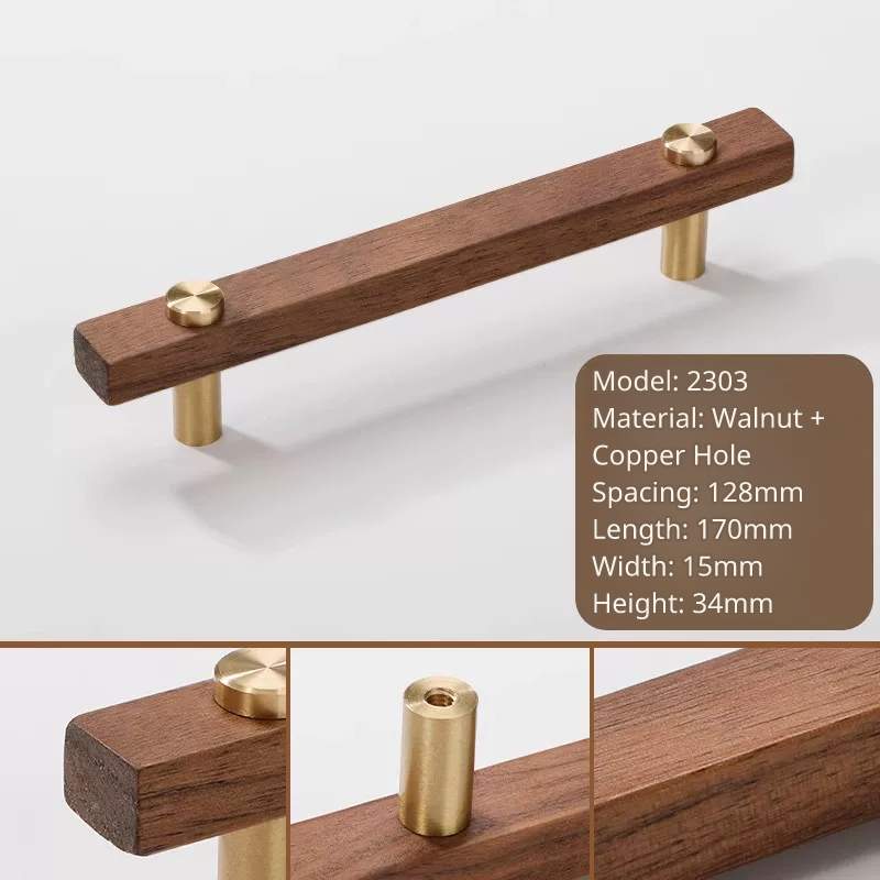 Walnut wood and brass pull, model 2303, 128mm center-to-center, 170mm long.