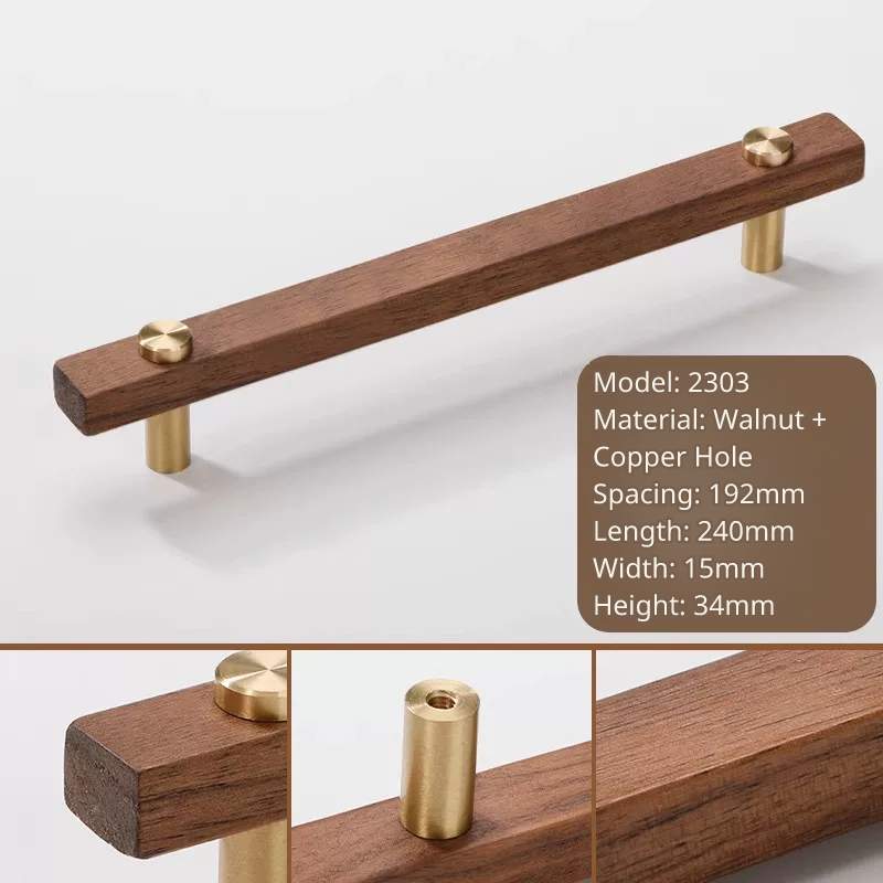 Long walnut wood and brass pull, model 2303, 192mm center-to-center, 240mm long.