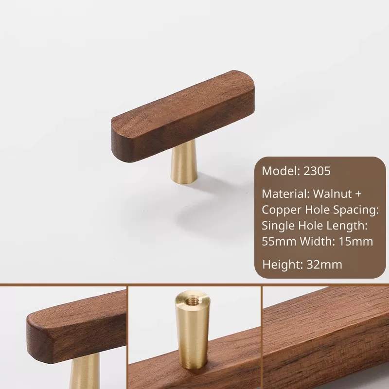 Single walnut wood and brass knob handle, model 2305, single hole, 55mm long.