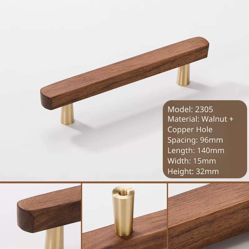 Walnut wood and brass handle, model 2305, 140mm length, 96mm hole distance, 32mm height.