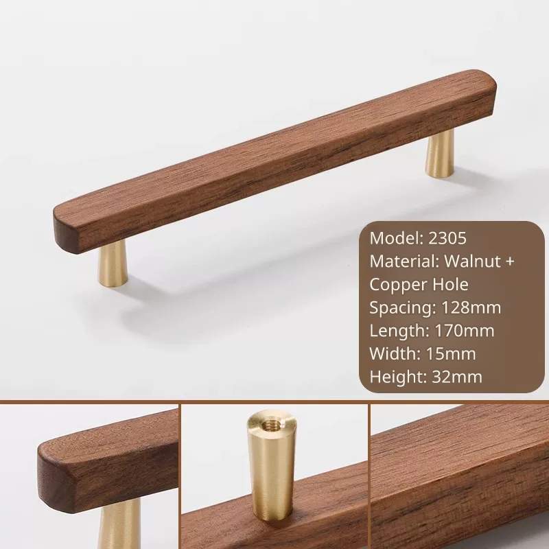 Walnut wood and brass handle, model 2305, 170mm length, 128mm hole distance, 32mm height.