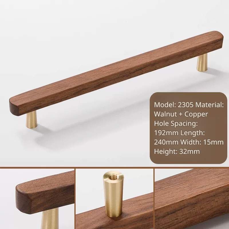 Walnut wood and brass handle, model 2305, 240mm length, 192mm hole distance, 32mm height.