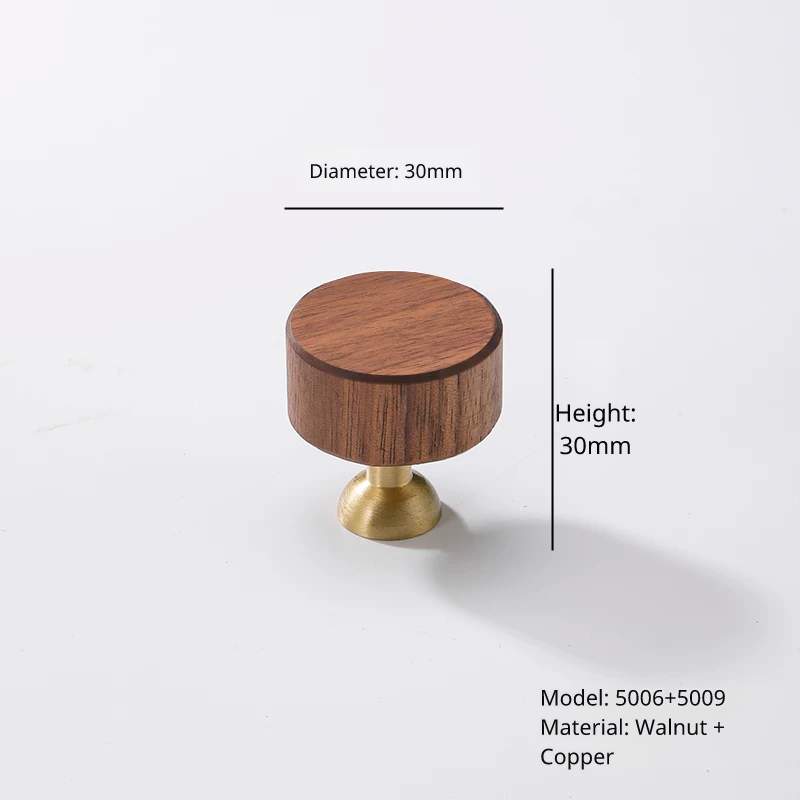 Walnut wood and brass round cabinet knob, model 5006+5009, 30mm diameter, 30mm height.