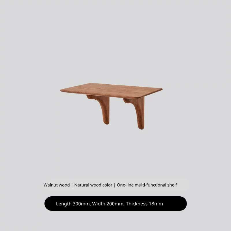 Walnut wood floating shelf, 300mm long, simple design with curved brackets.