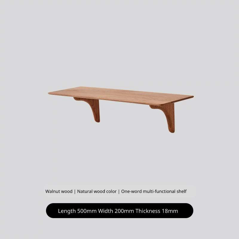 Walnut wood floating shelf, 500mm long, showing the full length and bracket support.