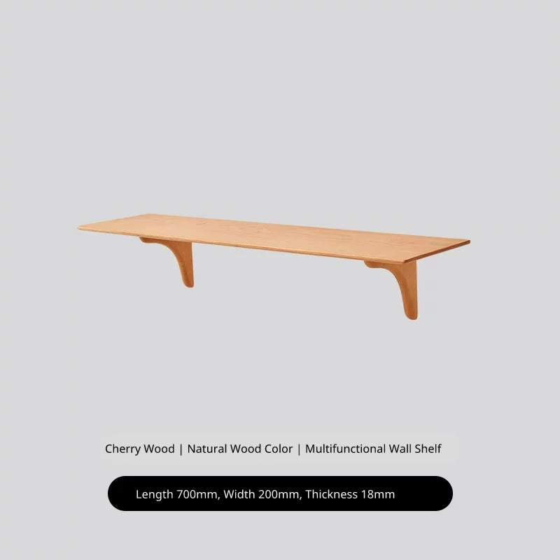 Cherry wood floating shelf, 700mm long, 200mm deep, 18mm thick, with two supports.