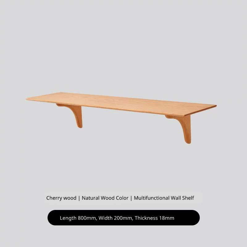 Cherry wood floating shelf, 800mm long, 200mm deep, 18mm thick, with two supports.