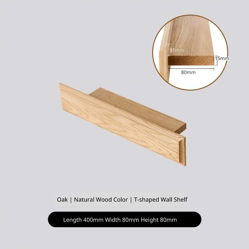 Oak T-shaped wall shelf, 400mm length, natural wood color, cross-section detail shown.