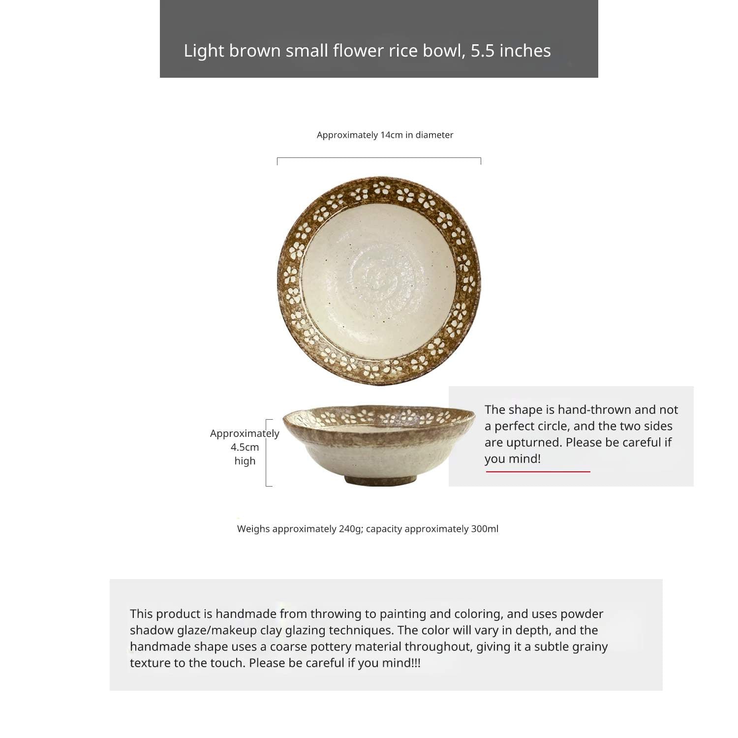 Top and side view of a large 8.5-inch rustic ceramic soup bowl with brown floral pattern.