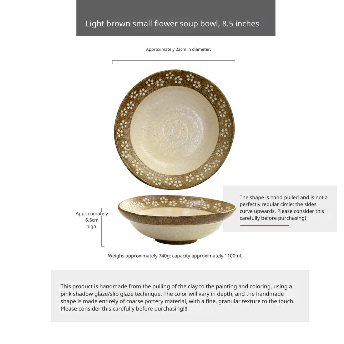 Top and side view of a 7-inch rustic noodle bowl featuring a darker brown leaf pattern.