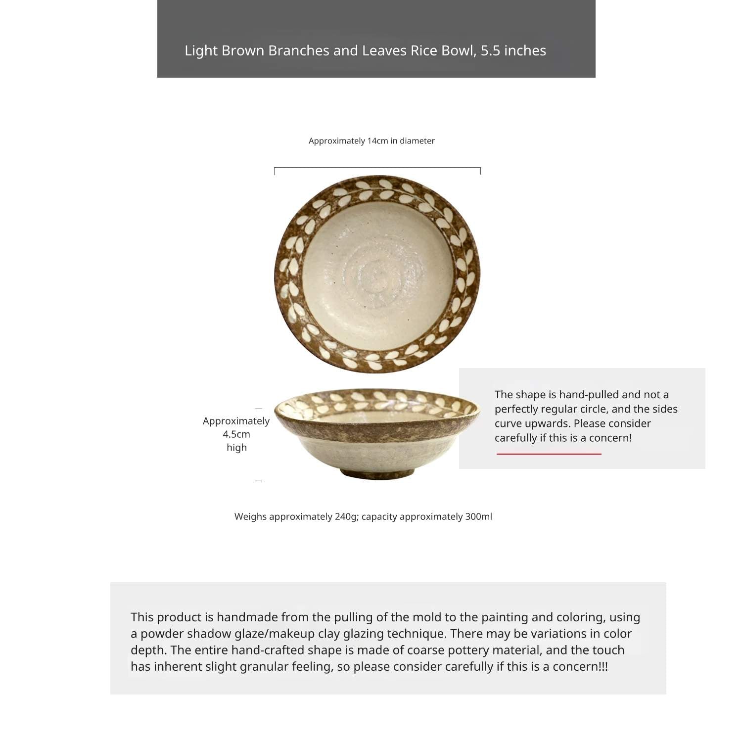 Top and side view of a large 8.5-inch rustic soup bowl featuring a dark brown leaf pattern.