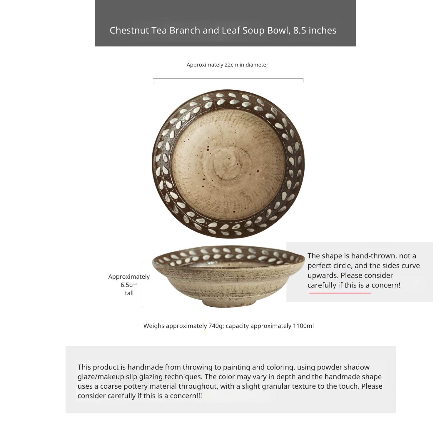 Close-up of a Chestnut Tea Leaf Soup Bowl, 8.5 inch, revealing the deep cavity and irregular, artisanal shape.