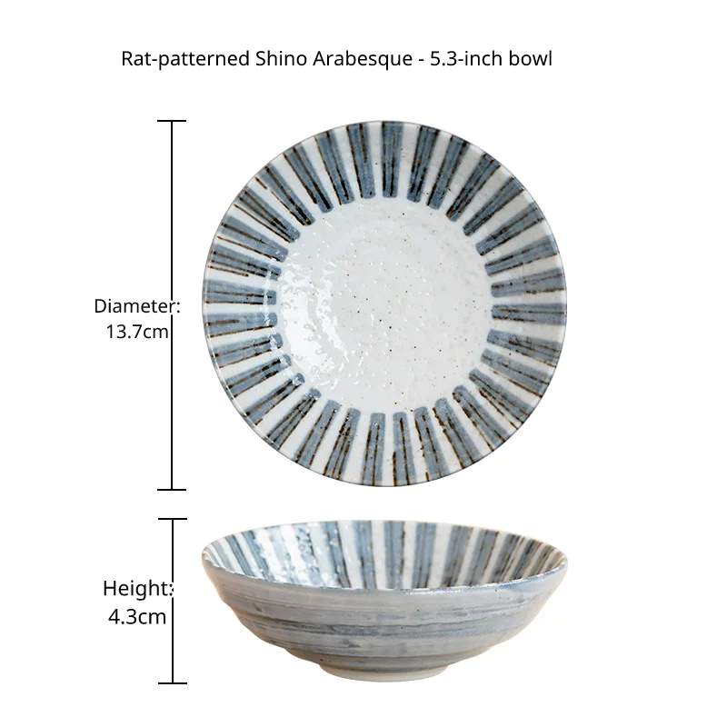 Top and side view of the 'Ratatouille Ten Grass' 5.3-inch shallow bowl with distinct vertical stripes.