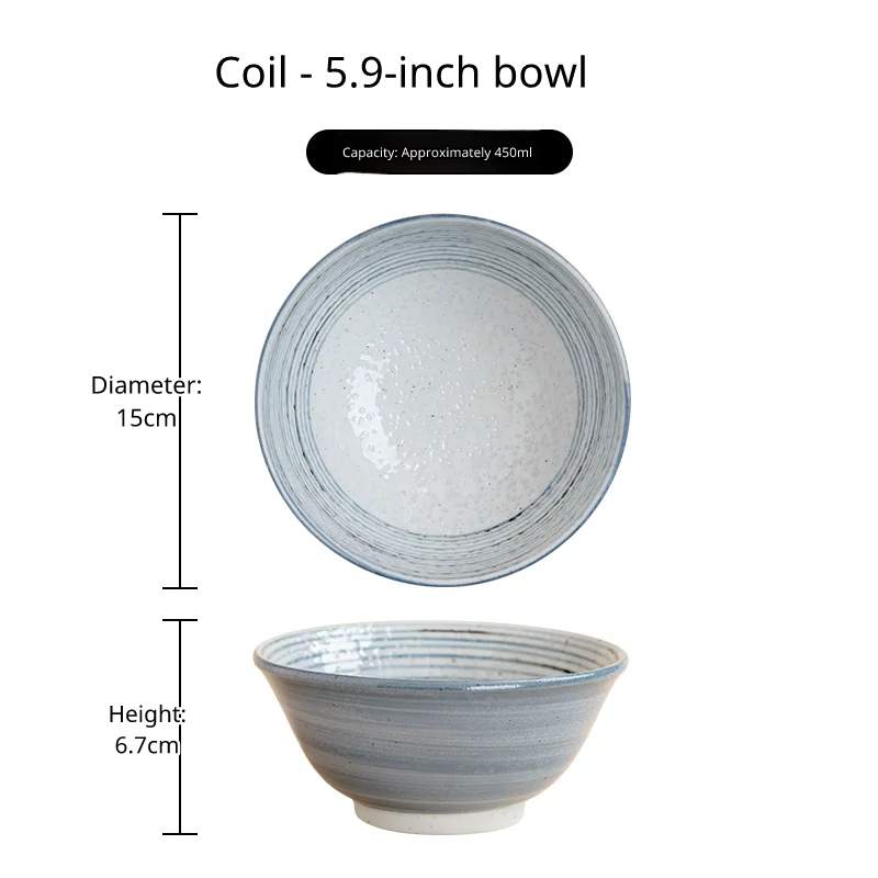 One deep ceramic bowl with a soft gray-blue horizontal line pattern, 15cm diameter, 6.7cm high, 450ml capacity.