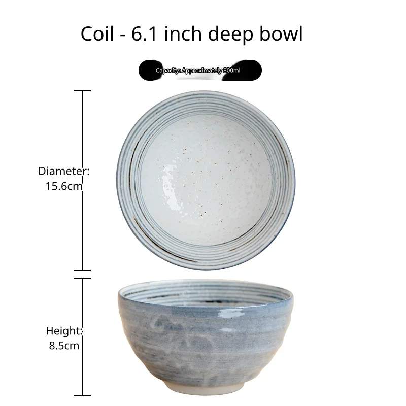 One large deep ceramic bowl with soft gray-blue horizontal bands, 15.6cm diameter, 8.5cm high, 800ml capacity.