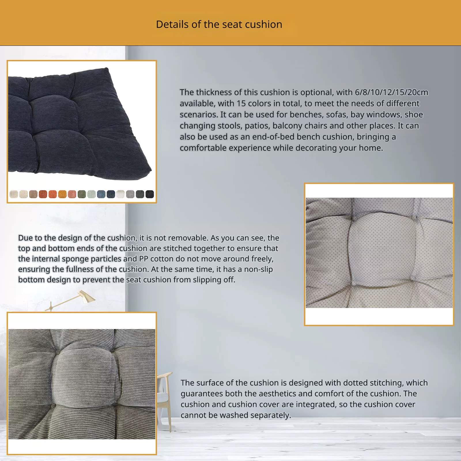 Detailed close-up of dark gray corduroy seat cushion showing texture and quilting features.